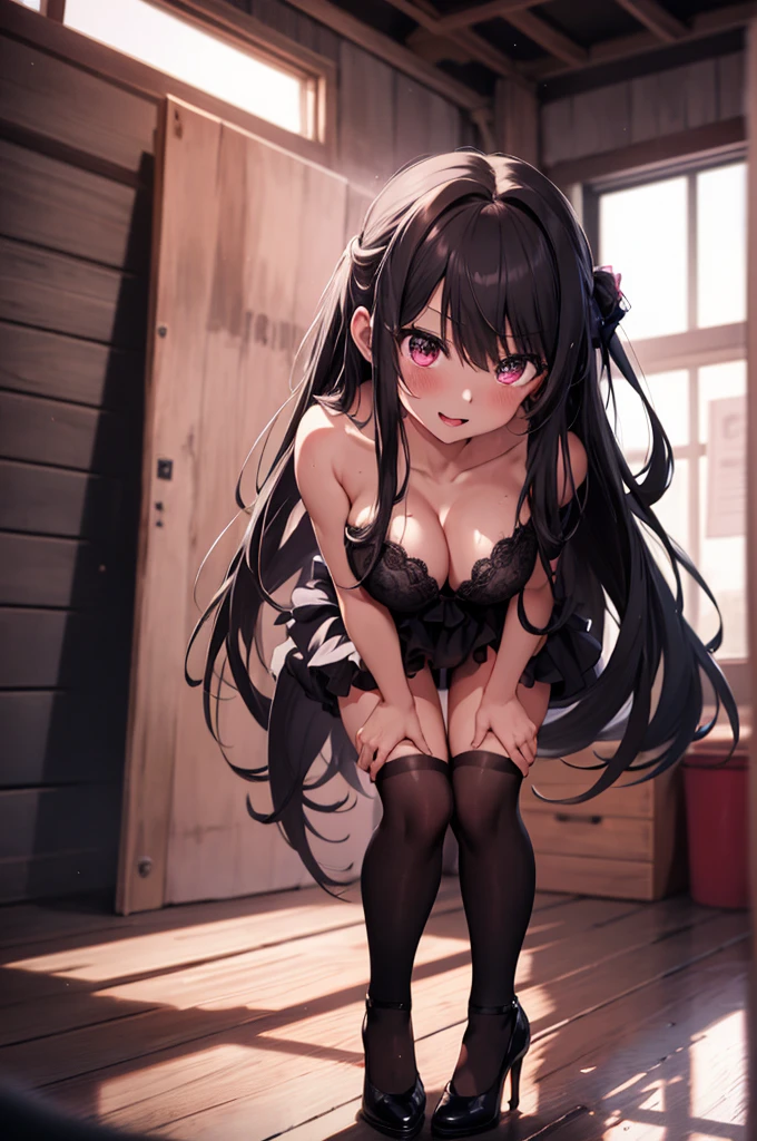 anime, beautiful face, highly detailed face, detailed eyes, highly detailed background, perfect lighting, full body, 1girl, solo, ruby hoshino, oshi no ko, indoors, black heels, black thighhighs, bedroom, absurdres, high res, ultrasharp, 8K, masterpiece, looking at viewer (sexy pose:1.2), black thighhighull body:1.5), naked, nsfw, ecchi, horny, teasing, no bra, no underwear, naked, nude, wet , climax, oh_face, both hands holding breasts, squeezing breasts, breasts squeeze, bent over forward with hands on boobs, leaning forward and holding breasts, bending over at a 45 degree angle