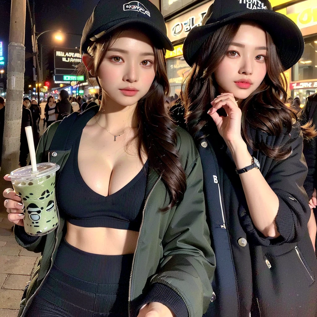 ((Top Quality, 8k, Masterpiece: 1.erfect Body Shape Pretty Woman: 1.4, Slender Abs: 1.3, ((Dark Brown Hair, Huge Breasts: 1.2)), Highly Detailed Face and Skin Texture, Detailed Eyes, Double Eyelids, parted_lips, sexy red lips, large_breasts, cleavage, black tanktop, sexy dark blue yoga pants, flower desighn on dark blue yoga pants, big baggy jacket, black baseball hat, nightime city, bright nightlight city, dark brunnet hair, brunnet wavy hair, hair coming out of black hat, dark wavy bun coming out the back of black hat, black sport tanktop supporting boobs, sexy hourglass shape, ultra realistic 4k eyes, high deffinition eyes, very realistic backround, sexy smirk, slight smirk, slight smile, very buitiffull 8k eyes, showing calves, sexy round calves, looking into viewers eyes, black workout jacket, bitting tunge, sexy tunge bite, big thighs, slight stomach showing, tacktical hoodie, ((extreme detail)),(ultra-detailed) narrow extremely detailed eyes, extremely detailed cloths, black hat sitting low on head,walking down nighttime street, light makeup, light makeup blush, symmetrical eyes, realistic skin, holding boba tea in left hand, large boba tea cup, large boba tea cup, holding phone, holding white iphone, holding boba tea with large straw,