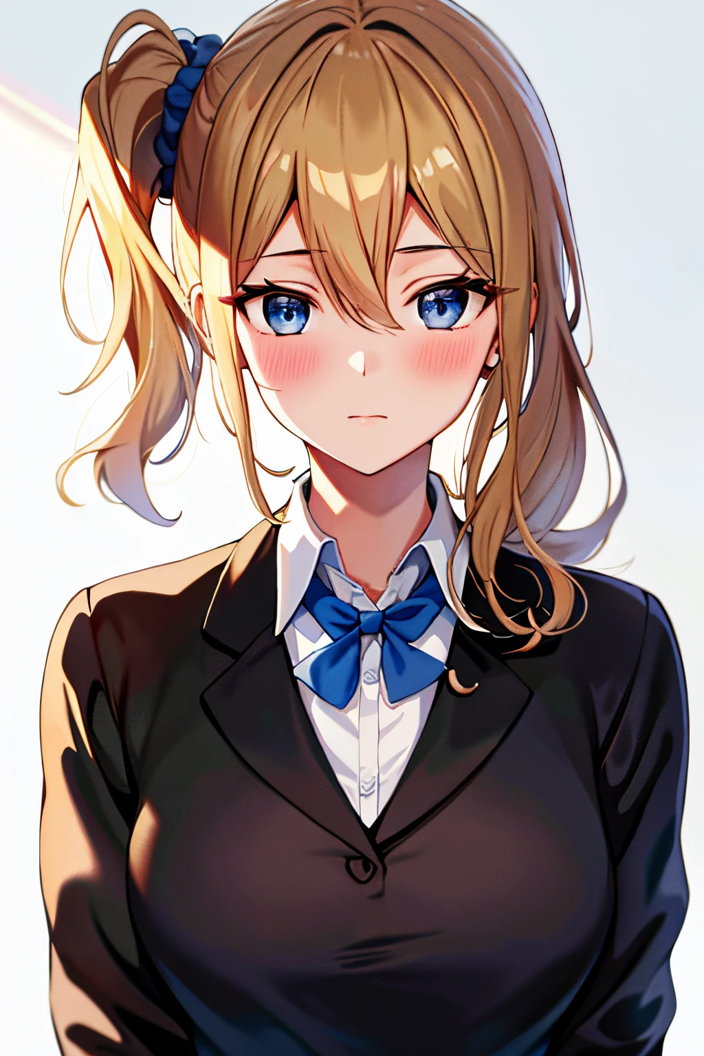 masterpiece, best quality, AiHayasakaV4, 1girl, solo, breasts, looking at viewer, blush, bangs, blue eyes, blonde hair,  background, shirt, hair ornament, white background, hair between eyes, jewelry, closed mouth, school uniform, white shirt, upper body, collared shirt, necklace, side ponytail, scrunchie, hair scrunchie, blue nails, blue scrunchie, shuuchiin academy school uniform