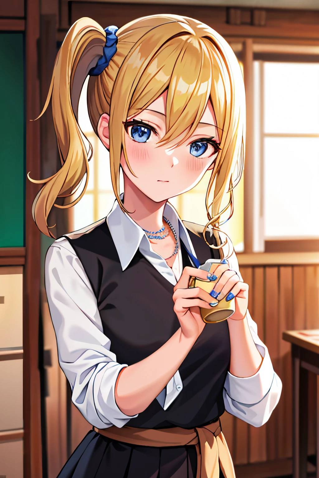 masterpiece, best quality, AiHayasakaV4, 1girl, solo, breasts, looking at viewer, blush, bangs, blue eyes, blonde hair,  background, shirt, hair ornament, white background, hair between eyes, jewelry, closed mouth, school uniform, white shirt, upper body, collared shirt, necklace, side ponytail, scrunchie, hair scrunchie, blue nails, blue scrunchie, shuuchiin academy school uniform