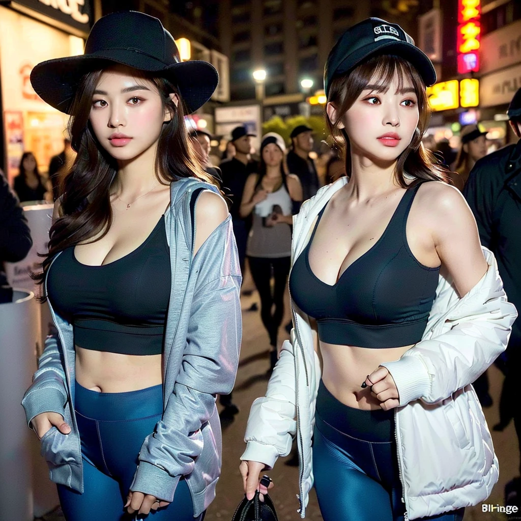((Top Quality, 8k, Masterpiece: 1.erfect Body Shape Pretty Woman: 1.4, Slender Abs: 1.3, ((Dark Brown Hair, Huge Breasts: 1.2)), Highly Detailed Face and Skin Texture, Detailed Eyes, Double Eyelids, parted_lips, sexy red lips, large_breasts, cleavage, black tanktop, sexy dark blue yoga pants, flower desighn on dark blue yoga pants, big baggy jacket, black baseball hat, nightime city, bright nightlight city, dark brunnet hair, brunnet wavy hair, hair coming out of black hat, dark wavy bun coming out the back of black hat, black sport tanktop supporting boobs, sexy hourglass shape, ultra realistic 4k eyes, high deffinition eyes, very realistic backround, sexy smirk, slight smirk, slight smile, very buitiffull 8k eyes, showing calves, sexy round calves, looking into viewers eyes, black workout jacket, bitting tunge, sexy tunge bite, big thighs, slight stomach showing, tacktical hoodie, ((extreme detail)),(ultra-detailed) narrow extremely detailed eyes, extremely detailed cloths, black hat sitting low on head,walking down nighttime street, light makeup, light makeup blush, symmetrical eyes, realistic skin, holding boba tea in left hand, large boba tea cup, large boba tea cup, holding phone, holding white iphone, holding boba tea with large straw,