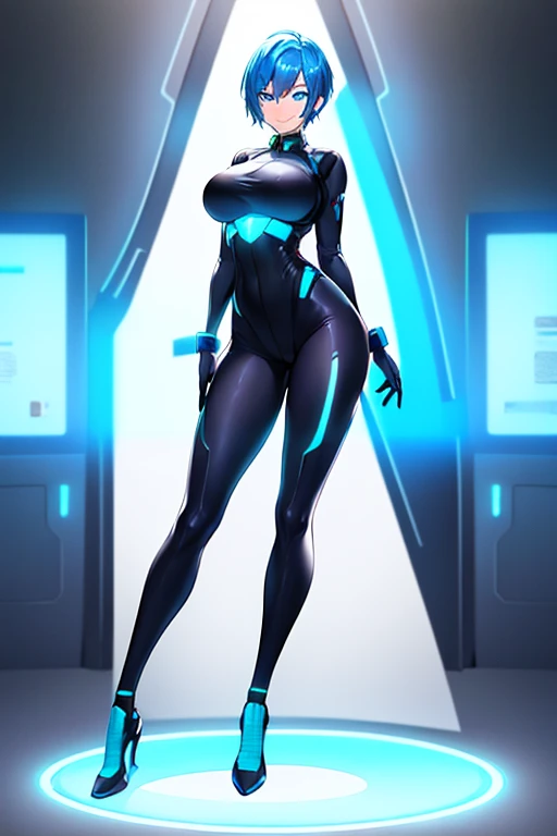 1girl, breasts, large breasts, blue hair, very short hair, pixie cut, bodysuit, black bodysuit, blue trim, science-fiction, futuristic, tech, neon trim, neon, smile, full body, sneakers, shoes, ((full body)), pantyhose