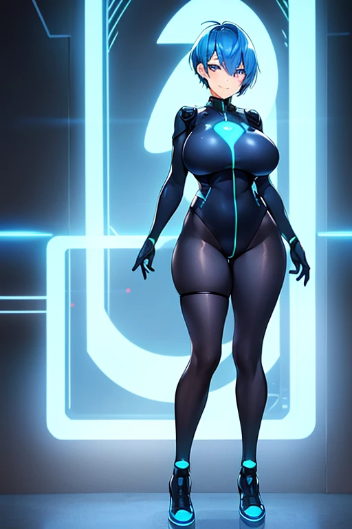 1girl, breasts, large breasts, blue hair, very short hair, pixie cut, bodysuit, black bodysuit, blue trim, science-fiction, futuristic, tech, neon trim, neon, smile, full body, ((full body)), pantyhose