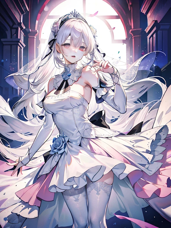 silber hair,butterflys,Long grey hair,white wedding dress,((Detailed and attractive smile)),8k wallpaper,detailedbackground,Highest high resolution,Deep V Big,Hair covering one eye,Bandeau Wedding Dress,chies,light pink rose,tight fitted,Stockings,((Big, gorgeous ribbon around the neck))