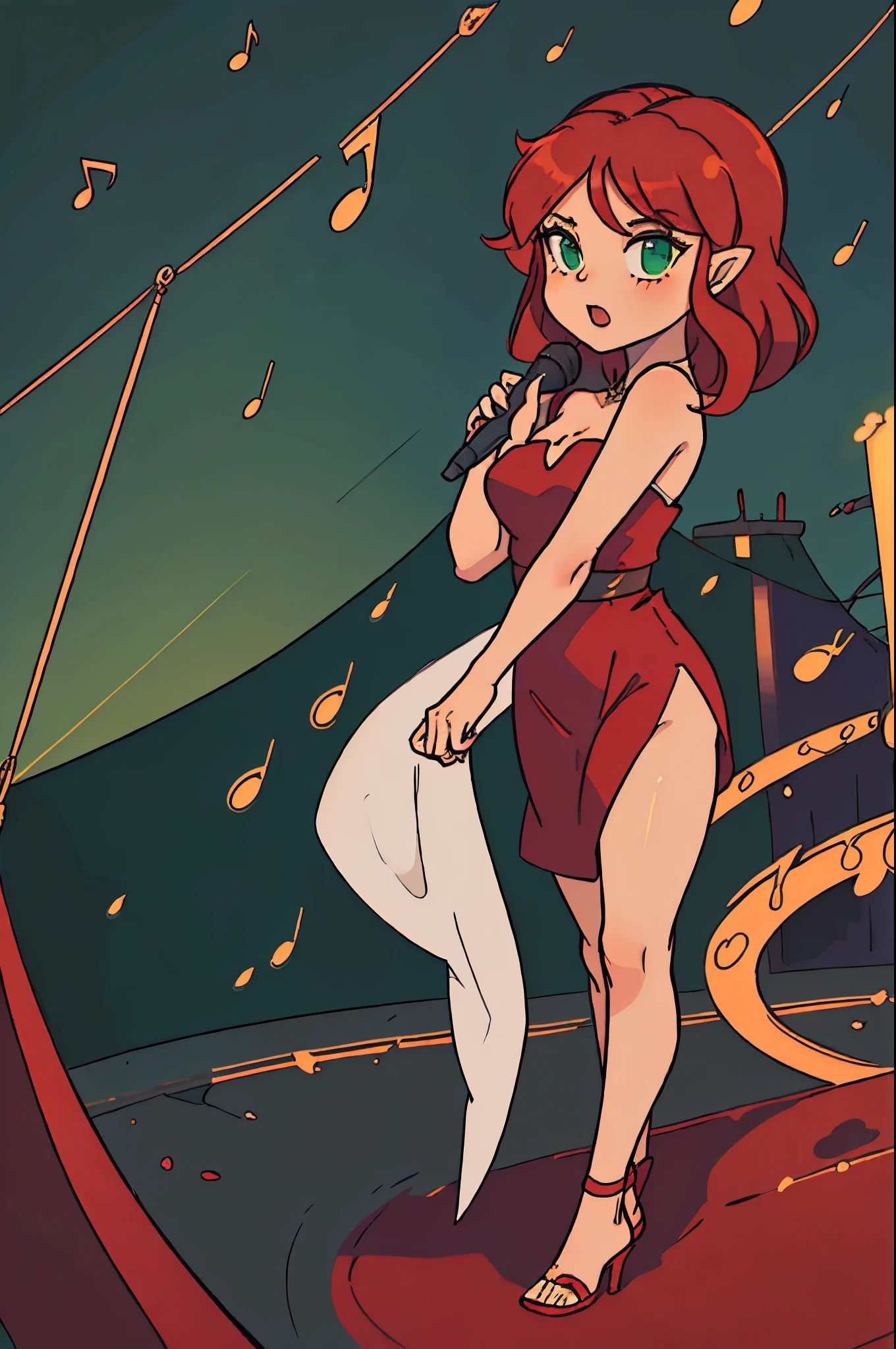 girl, long red hair, full body, long red elegant dress, standing straight, singing a seductive song on stage of a jazz club, bare shoulders, show a little ankle, holding one microphone, strapless, green eyes