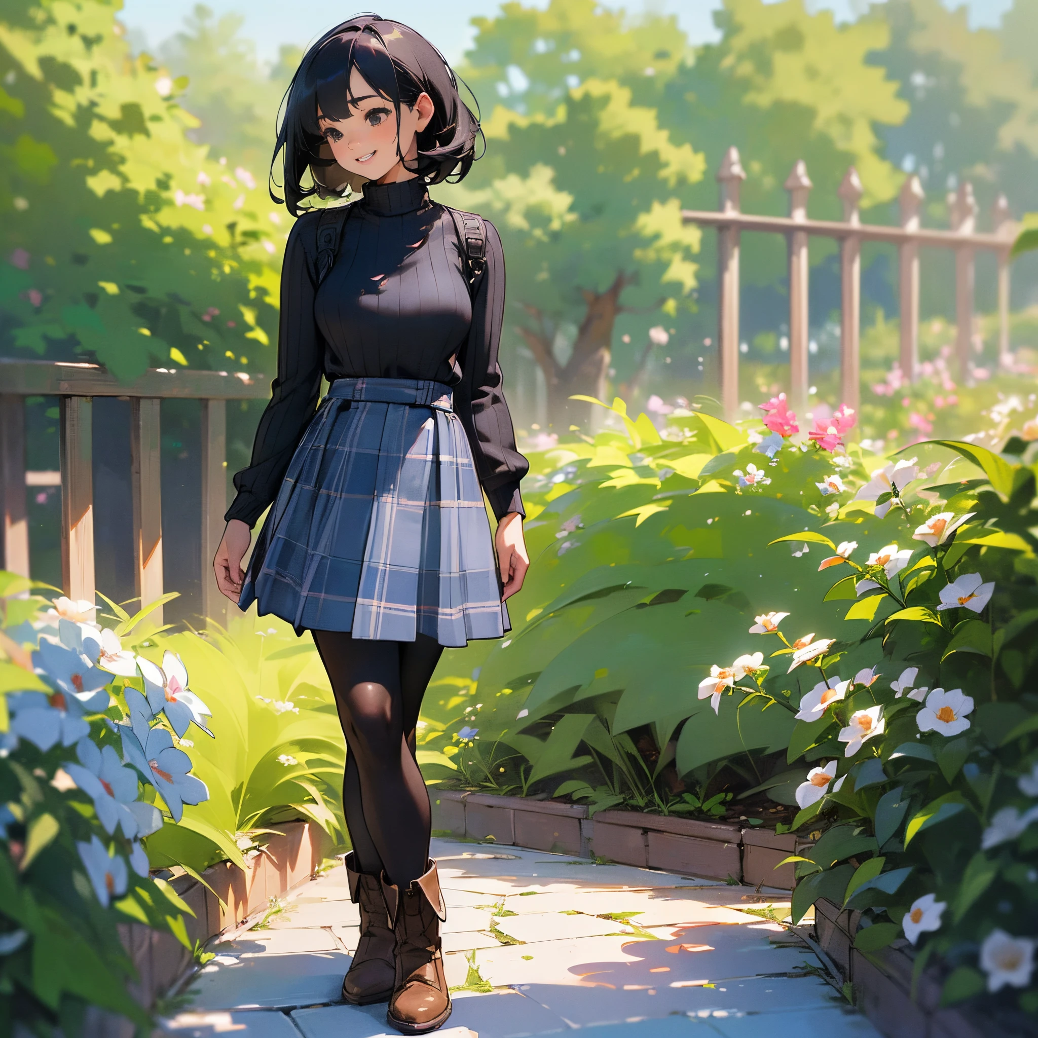 (High quality, High resolution, Ultra-detailed, Realistic:1.37), peaceful ambiance, (plein air, garden), age girl standing alone, (My breasts are big.), Beautiful detailed features, Cute smile, (Black bob hair), Ribbed sweater, blue plaid skirt, Black tights, Brown boots.