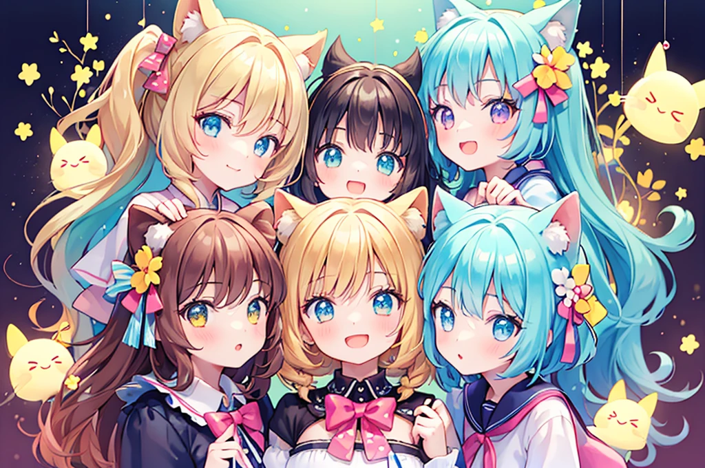 masterpiece,8K, (2 girls and 2 girls and 2 girls and 2 girls), Idol, gros-plan, Big eyes, Kawaii Tech, kawaii, Cute, Pastel colors, Best Quality, Happy, Deep background, Symmetrical, Head Tilted, spring, cover,