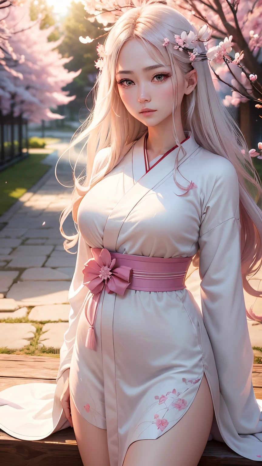 (A logo、masterpiece、8K、masutepiece、Raw photo、Fantastic、Best Quality、Photorealistic and highly detailed CG integrated 8K wallpaper、hightquality、ighly detailed、epic poem、Particle effect、Dynamic effects、depth of fields、Cinematic Light、Lens Flare、Ray tracing)、Fantasia、(1 beautiful woman in a white coat、robe blanche、Japanese style dress face、Real Face、beautiful details eyes beautiful skin)、Hair flutters in the wind、Hair jumps、Pink cherry blossom tree、Petals flutter、Sakura blizzard、Superb view、morning glow、Sun in the background、the wind、Deities、tusk、myth、Vast Land、