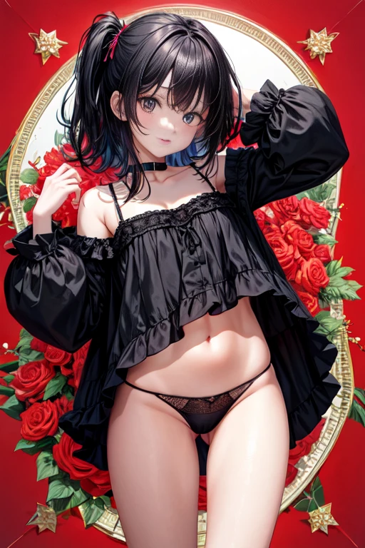 hight resolution, top-quality, ultra-quality, The ultra-detailliert、Girl in black panties、A dark-haired、Sauce order、Showing