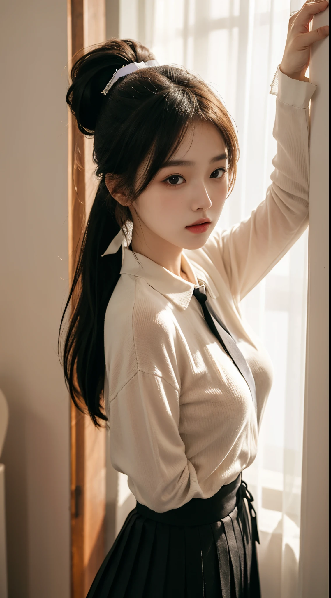 1girl, slender korean kpop idol and model ,ponytail hairstyle ,23 years old,soft body, big breast, fair skin,close-up, 8k, RAW photo, best quality, masterpiece,realistic, photo-realistic,cute,mansion , summer ,soft light, High image quality, jumper , pleated skirt ( ribbon tie) , erotic post