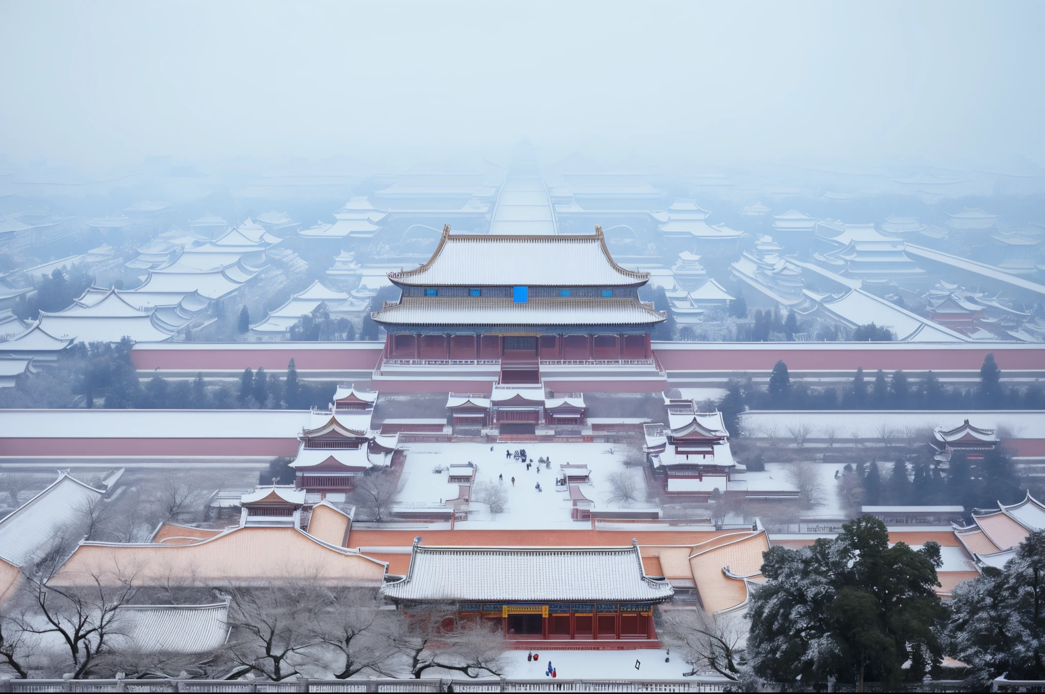 there is a view of a city from a hill with a snow covered hill, the forbidden city, the forbidden city, in forbidden city rainning, beijing, golden hour in beijing, in forbidden city, Snow, the imperial palace, january, with snow on its peak, author：Li Zai, dusting of snow, 4 0 9 6, dreamland of chinese, cold but beautiful