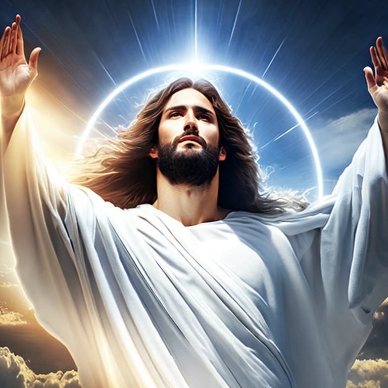 Jesus Christ in humble white clothes in the clouds toward the gates of heaven, insanely realistic with rays of light on his face