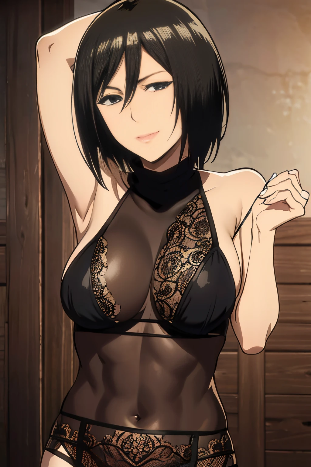 Dazzling, Armpits, intricate detailes, 1girl in, Mikasa Ackerman, (A dark-haired:1.3), hair between eye, short-haired, sideburns, s lips, shut, Yui, s lips, masterpiece, best qualtiy, hason, Baezon, Black eyes,Black eyes, muscle, medium breasts, gently smiling、Black underwear、Lace underwear、Erotic lace underwear