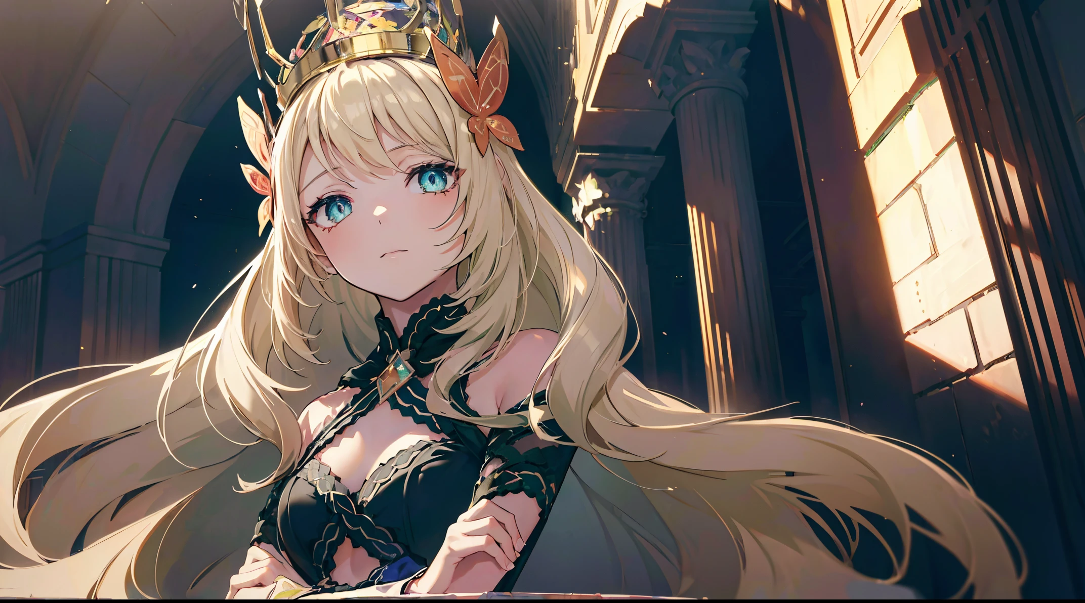 ((4k, masterpiece, top-quality)),8k, best quality, high resolution, HD, unity 8k wallpaper, (illustration:0.8), (beautiful detailed eyes:1.6), extremely detailed face, perfect lighting, extremely detailed CG, (perfect hands, perfect anatomy), super complex details, intricate details, the anime character wears a long dress with blue and black colors in it, 1girl, solo, butterfly, green eyes, dress, bug, long hair, crossed arms, looking at viewer, hair ornament, crown