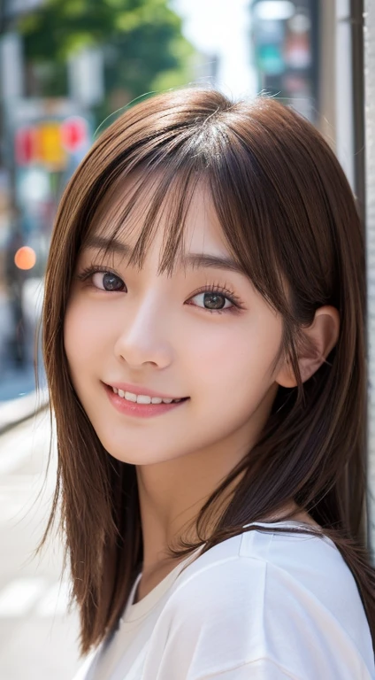 (top-quality,8K picture quality,masterpiece:1.3,),(超A high resolution:1.photoreal stick:1.4,Raw photography:1.2),(ultra-detailliert,shinny skin,Detailed skin),(Detailed face,Perfect Anatomy,Caustics),1人,kawaii,japanes,22year old,Japanese ido,Natural brown hair,shoulder length hair,Pretty eyes,natural make up,Oversized T-shirt,A smile,Looking at the camera,up on the face,Face Focus,street corner,Professional Writing,natural soft light,