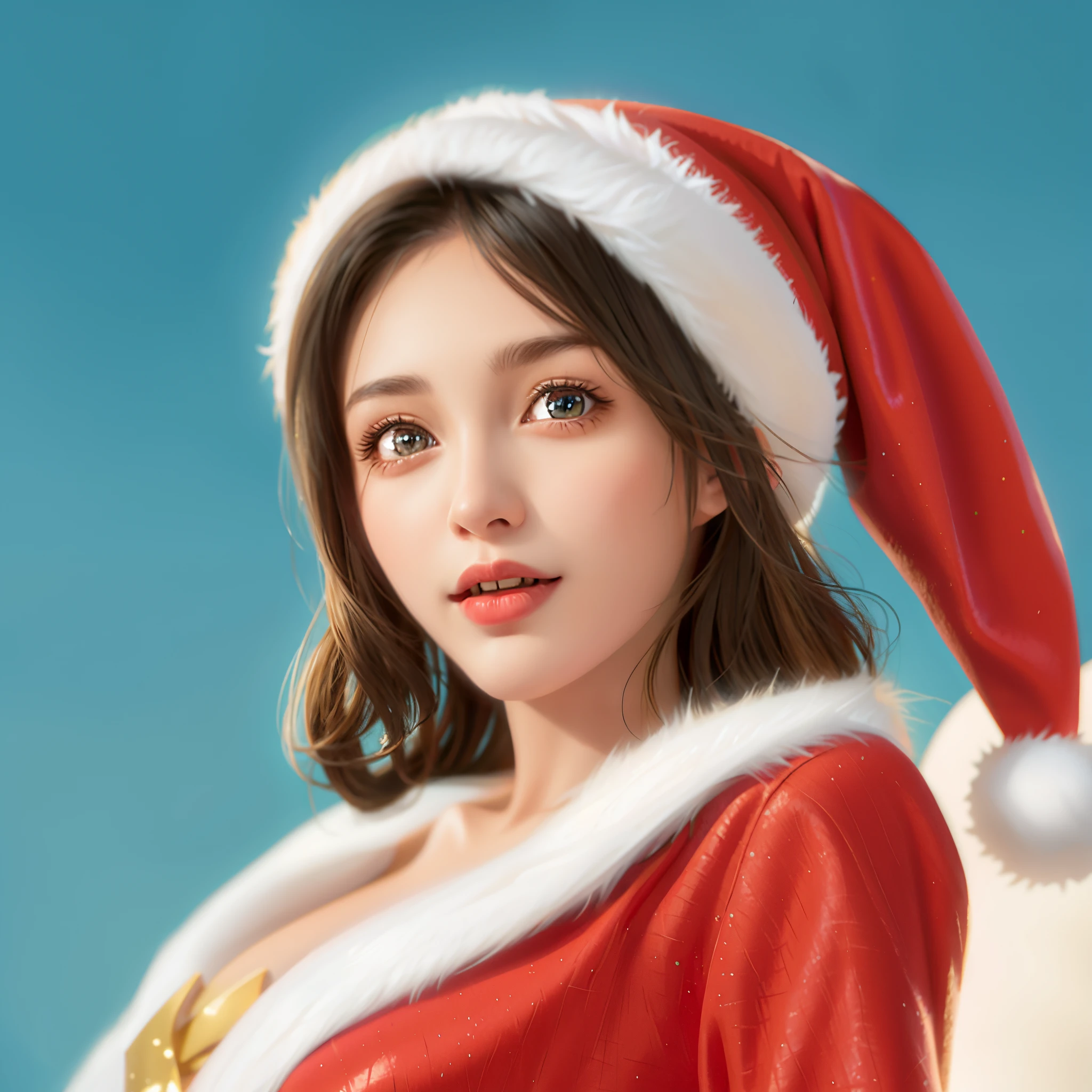 A woman wearing a Santa hat is posing for a photo, santa, Wearing Santa's hat, Wearing Santa's hat, santa, santa, Wonderful, Maya Sandhu Surreal, christmas,  Elf Girl, maxim sukharev, vacation, airbrush digital oil painting, author：Igor Grabar, Alexei Egorov, number art. photograph realistic