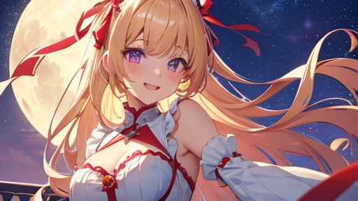 She has a two-side up hairstyle, ahoge, a red ribbon, a long pure white dress with frills, her chest is emphasized, purple eyes that shine like stars, blonde hair, a large red ruby ​​accessory on her chest, and a pretty figure. The upper body of the princess is very elaborately made. Very detailed, very beautiful big smile, ;D, beautiful detailed hair, solo, super fine illustration, full moon and fantastic starry sky, overall fantastic and shining, white castle balcony background