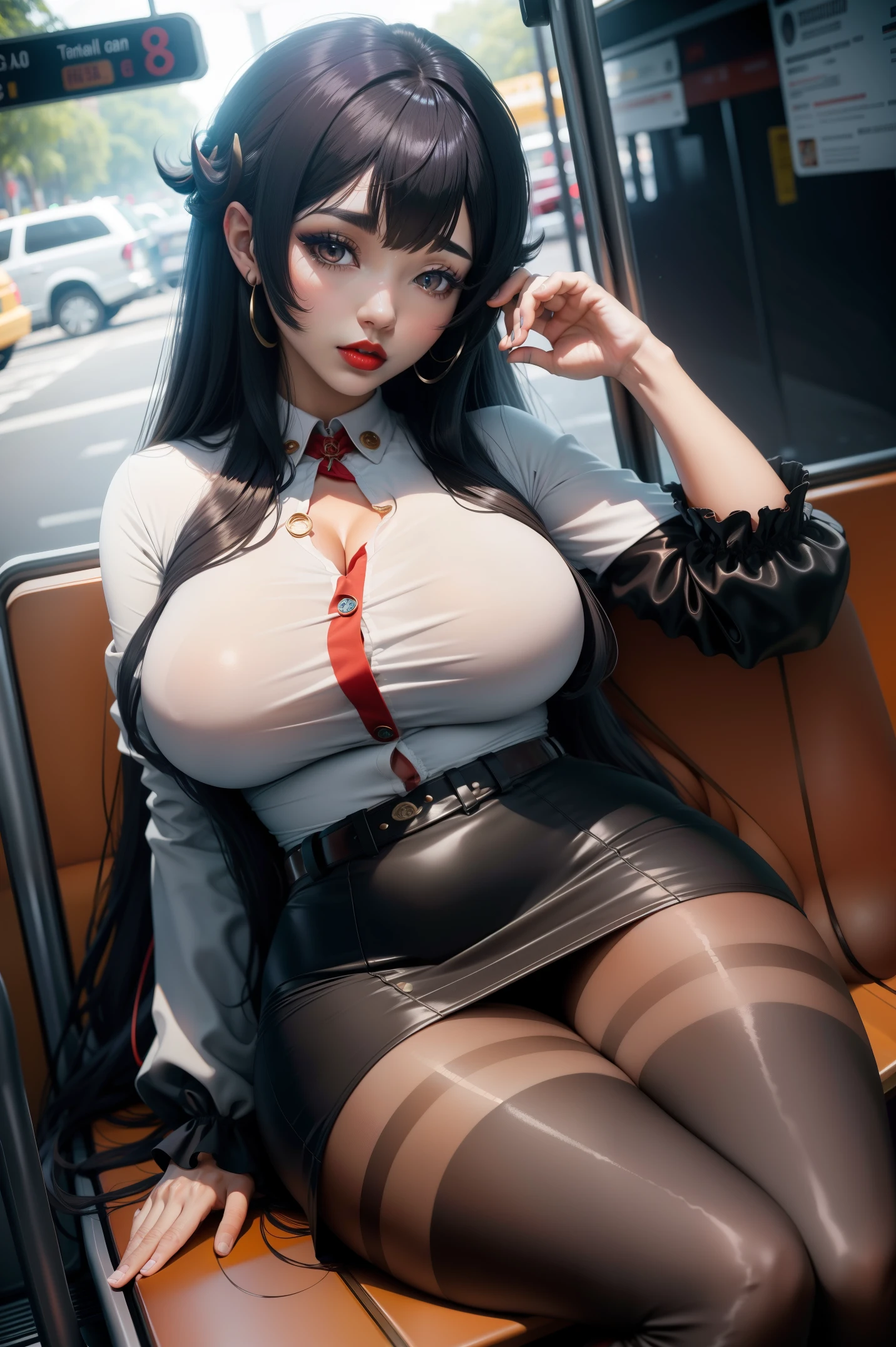 1 mulher bonita, , large body, Asian, franja, eyelids outlined, rabo-de-cavalo, red lips, Eyelids made up, button below, Tampo vermelho, clivagem, black skirt, light pantyhose, talons, sleeping sitting on the bus, boca aberta, Olhos fechados.