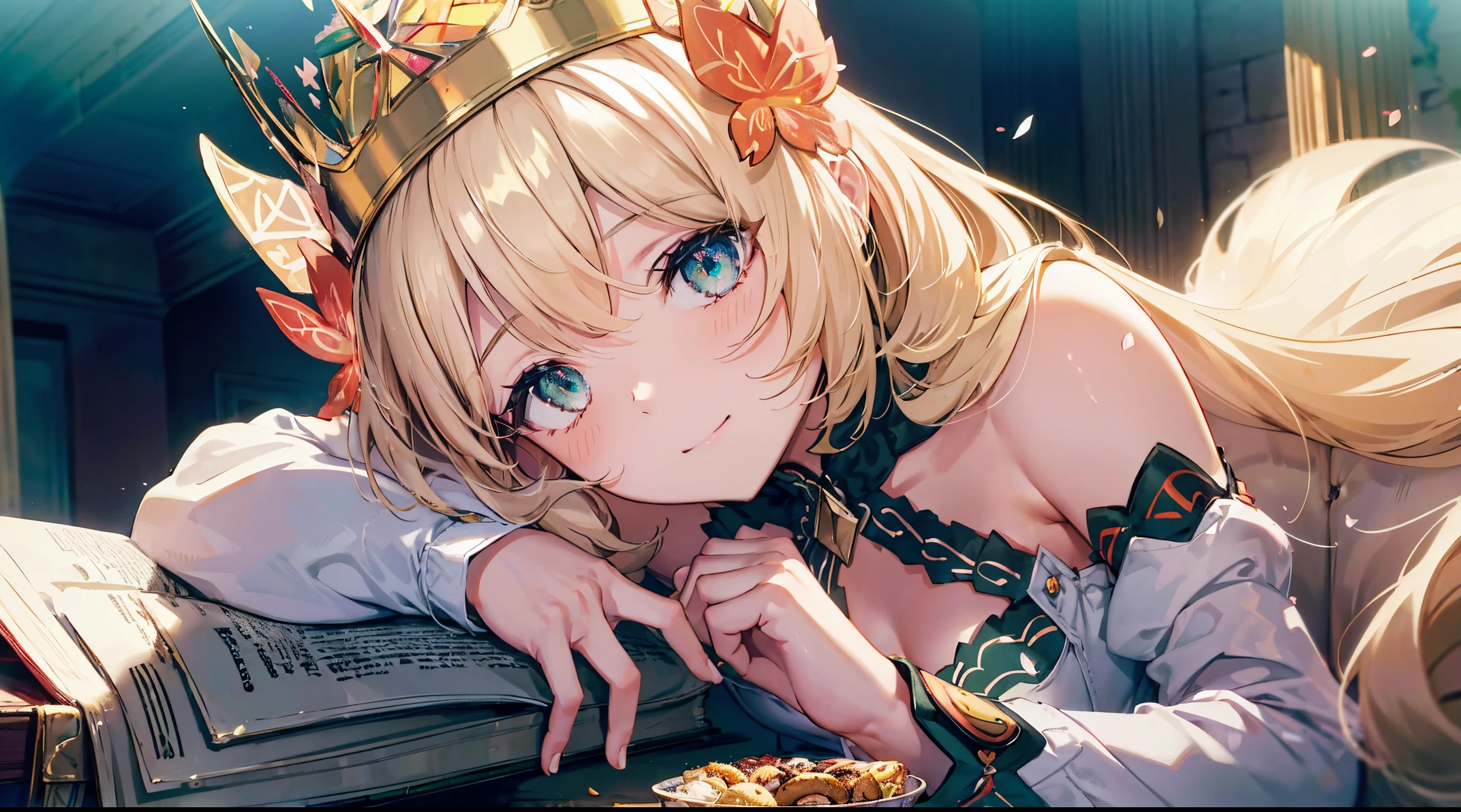 ((4k, masterpiece, top-quality)),8k, best quality, high resolution, HD, unity 8k wallpaper, (illustration:0.8), (beautiful detailed eyes:1.6), extremely detailed face, perfect lighting, extremely detailed CG, (perfect hands, perfect anatomy), super complex details, intricate details,a beautiful princess doll with golden hair sitting at a white table with donuts, 1girl, solo, smile, green eyes, detached sleeves, long hair, white sleeves, bug, crown, bare shoulders, butterfly, long sleeves, hair between eyes, bangs, closed mouth, breasts, looking at viewer, sleeveless, food, petals