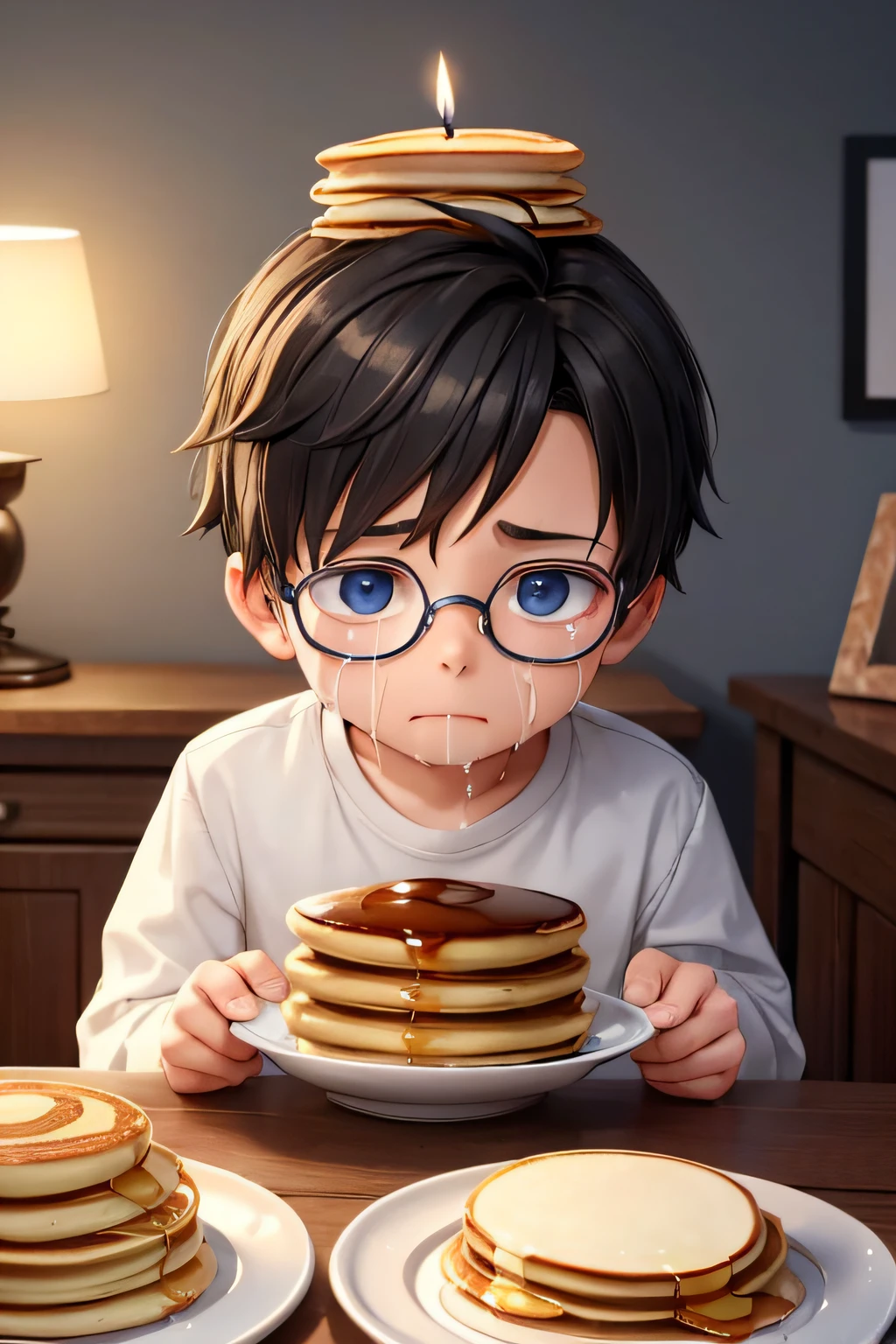 A sad ********** with glasses on his head cries for candles and pancakes in his bedroom at night.