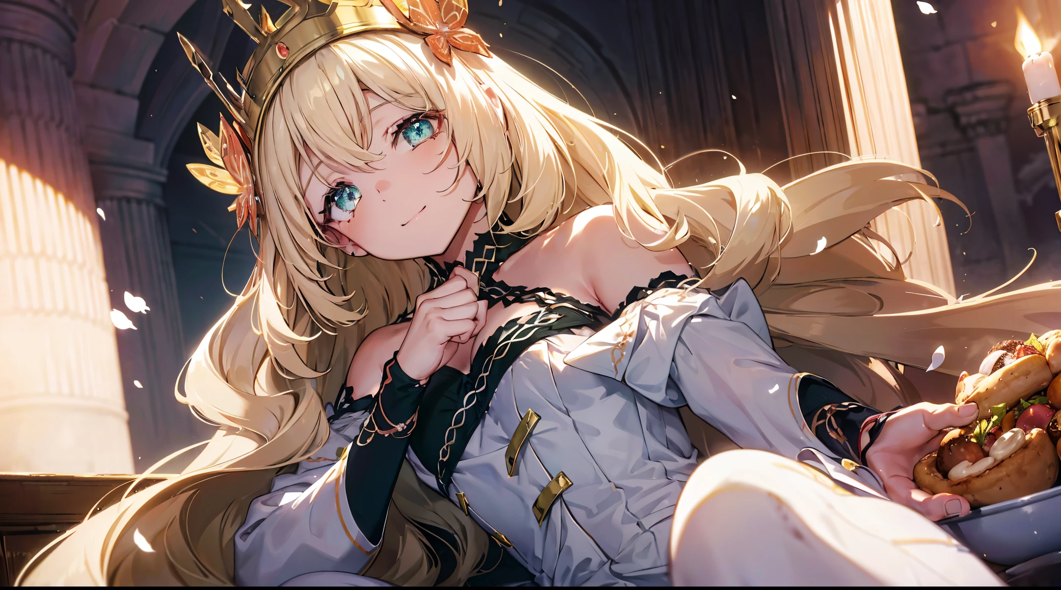 ((4k, masterpiece, top-quality)),8k, best quality, high resolution, HD, unity 8k wallpaper, (illustration:0.8), (beautiful detailed eyes:1.6), extremely detailed face, perfect lighting, extremely detailed CG, (perfect hands, perfect anatomy), super complex details, intricate details,a beautiful princess doll with golden hair sitting at a white table with donuts, 1girl, solo, smile, green eyes, detached sleeves, long hair, white sleeves, bug, crown, bare shoulders, butterfly, long sleeves, hair between eyes, bangs, closed mouth, breasts, looking at viewer, sleeveless, food, petals