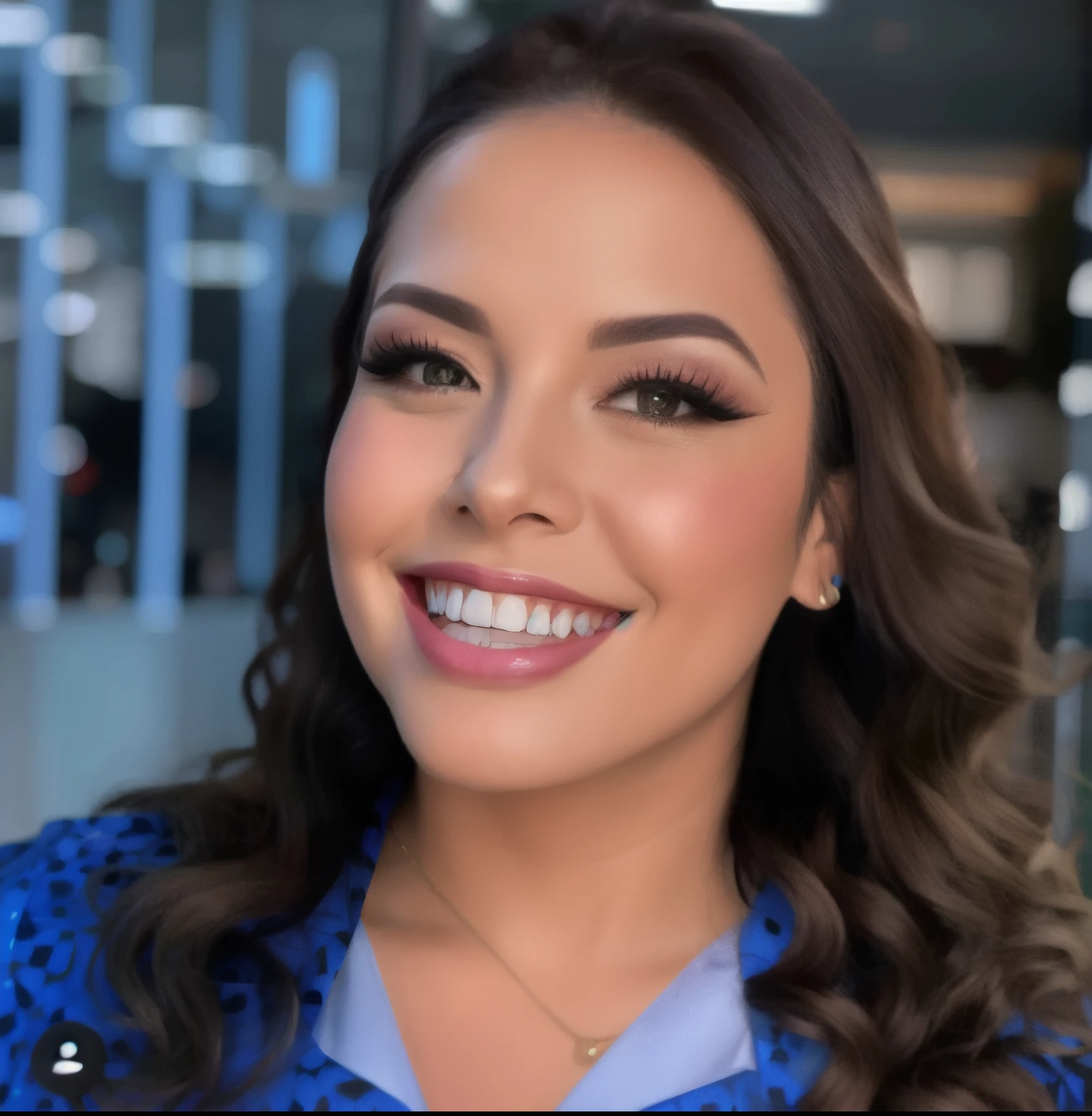 um close up de uma mulher com uma camisa azul e um sorriso, Alanis Guillen, Lorena Avarez, Karla Ortiz, com maquiagem profissional, inspired by Gina Pellón, Mulher mexicana bonita, Violeta Myers, by Gina Pellón, Parece Laura Barriales, lindo rosto latino, by Amelia Peláez, Directed by: Briana Mora, em maquiagem profissional