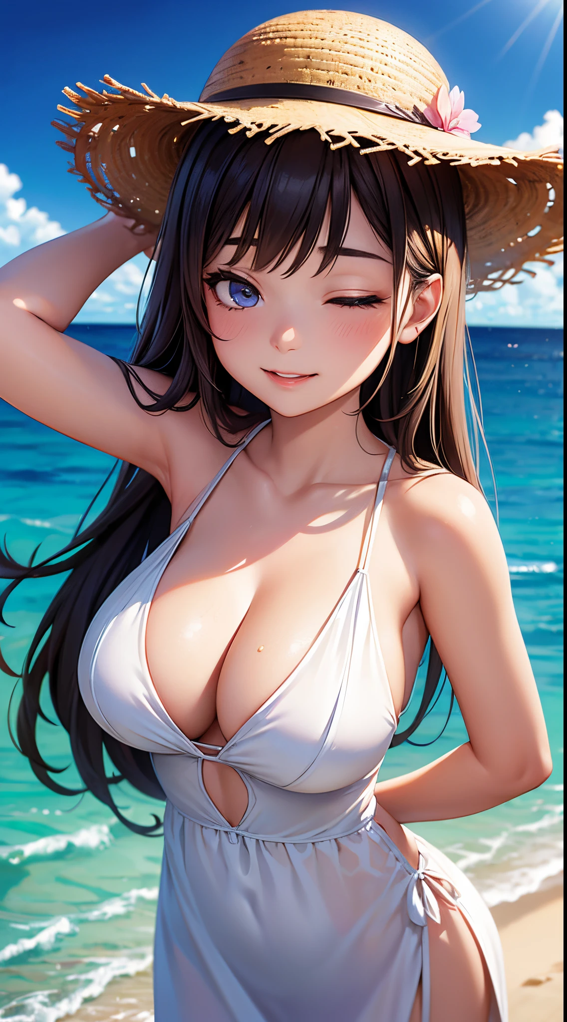 (masterpiece,derailed,8k HDR,hires,best quality:1.4),beautiful sea,on beach,cinematic lighting,face lighting,1girl,good anatomy,better hands,cowboy shot,detailed skin,beautiful skin,wet and grossy skin,detailed face,very pretty,pretty face,detailed eyes,sparkring eyes,droopy eyes,double eyelids,(eye bags:1.3),detailed nose,(happy:1.3),(closed eyes:1.0),white sleeveless resort dress,straw hat,large breast,cleavage,arm up,hand on hip,