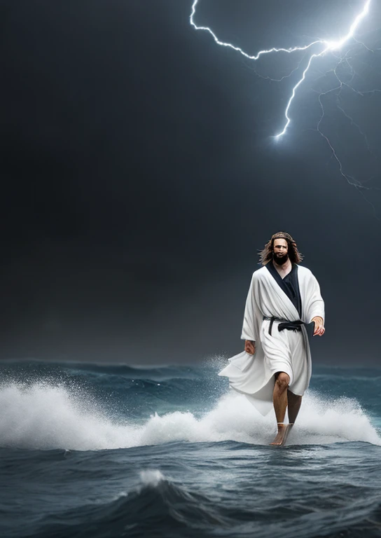 Jesus Christ walking on water in a storm, white robes, waves, soft expression, dark sky with lightning, lightning, photo realism, masterpiece, high quality, high quality, highly detailed CG unit 8k wallpaper, award-winning photos, bokeh, depth of field, HDR, bloom, chromatic aberration, realistic, very detailed, trend in CGsociety, complex, high detail, dramatic, volumetric lighting