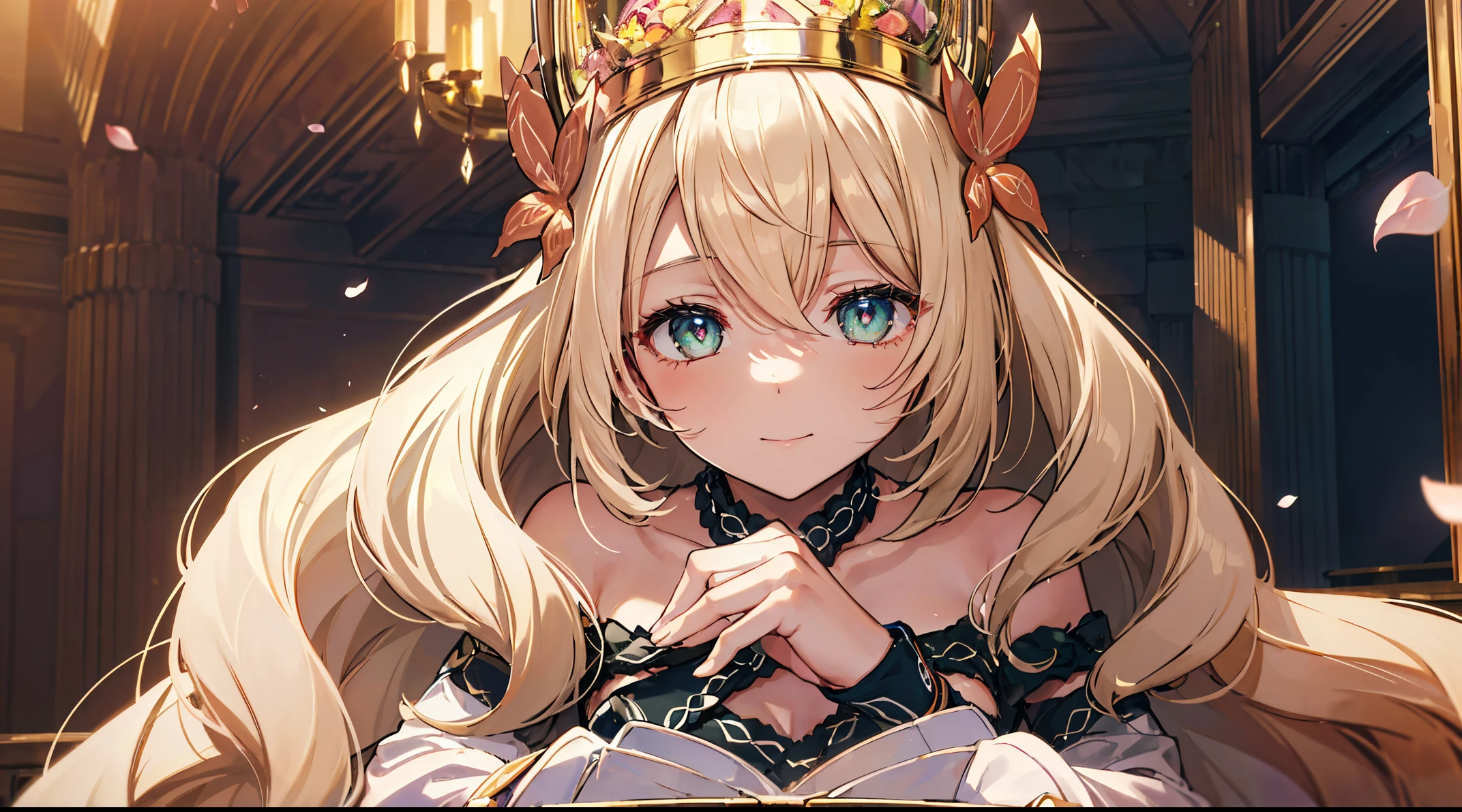 ((4k, masterpiece, top-quality)),8k, best quality, high resolution, HD, unity 8k wallpaper, (illustration:0.8), (beautiful detailed eyes:1.6), extremely detailed face, perfect lighting, extremely detailed CG, (perfect hands, perfect anatomy), super complex details, intricate details,a beautiful princess doll with golden hair sitting at a white table with donuts, 1girl, solo, smile, green eyes, detached sleeves, long hair, white sleeves, bug, crown, bare shoulders, butterfly, long sleeves, hair between eyes, bangs, closed mouth, breasts, looking at viewer, sleeveless, food, petals