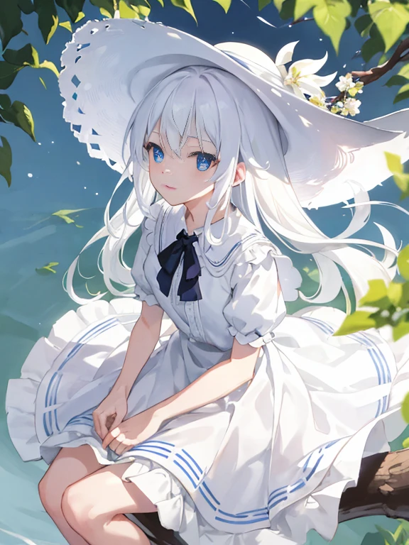 Sitting on a tree branch, Looking up at the sky, petite body, , White hair, Sparkling blue eyes, White long skirt integrated dress、large size straw hat,