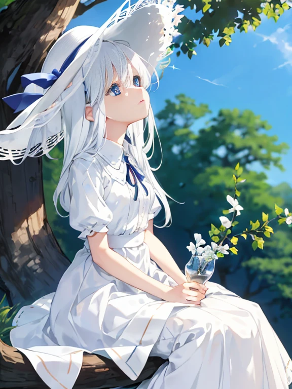 Sitting on a tree branch, Looking up at the sky,  petite body, , White hair, Sparkling blue eyes,  White long skirt integrated dress、large size straw hat，
