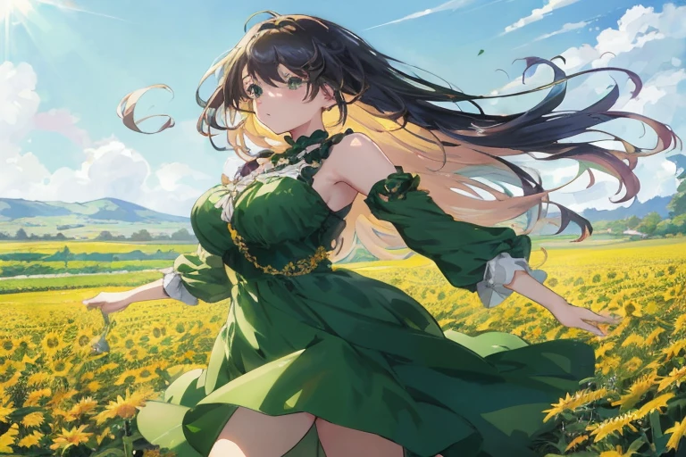 A woman in a green dress is walking in a flower field, Beautiful sunflower anime girl, official anime artwork, Anime visuals of cute girls, official artwork, Smooth Anime CG Art, Official art, Beautiful anime, Beautiful anime girl, beautiful anime artwork, anime moe art style, girl dancing in a flower field, beautiful anime art, anime style 4 k