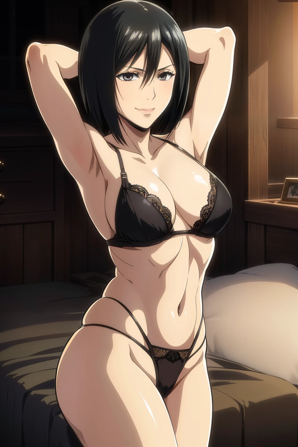 Dazzling, Armpits, intricate detailes, 1girl in, Mikasa Ackerman, (A dark-haired:1.3), hair between eye, short-haired, sideburns, s lips, shut, Yui, s lips, masterpiece, best qualtiy, hason, Baezon, Black eyes,Black eyes, muscle, medium breasts, gently smiling、Black underwear、Lace underwear、Erotic lace underwear