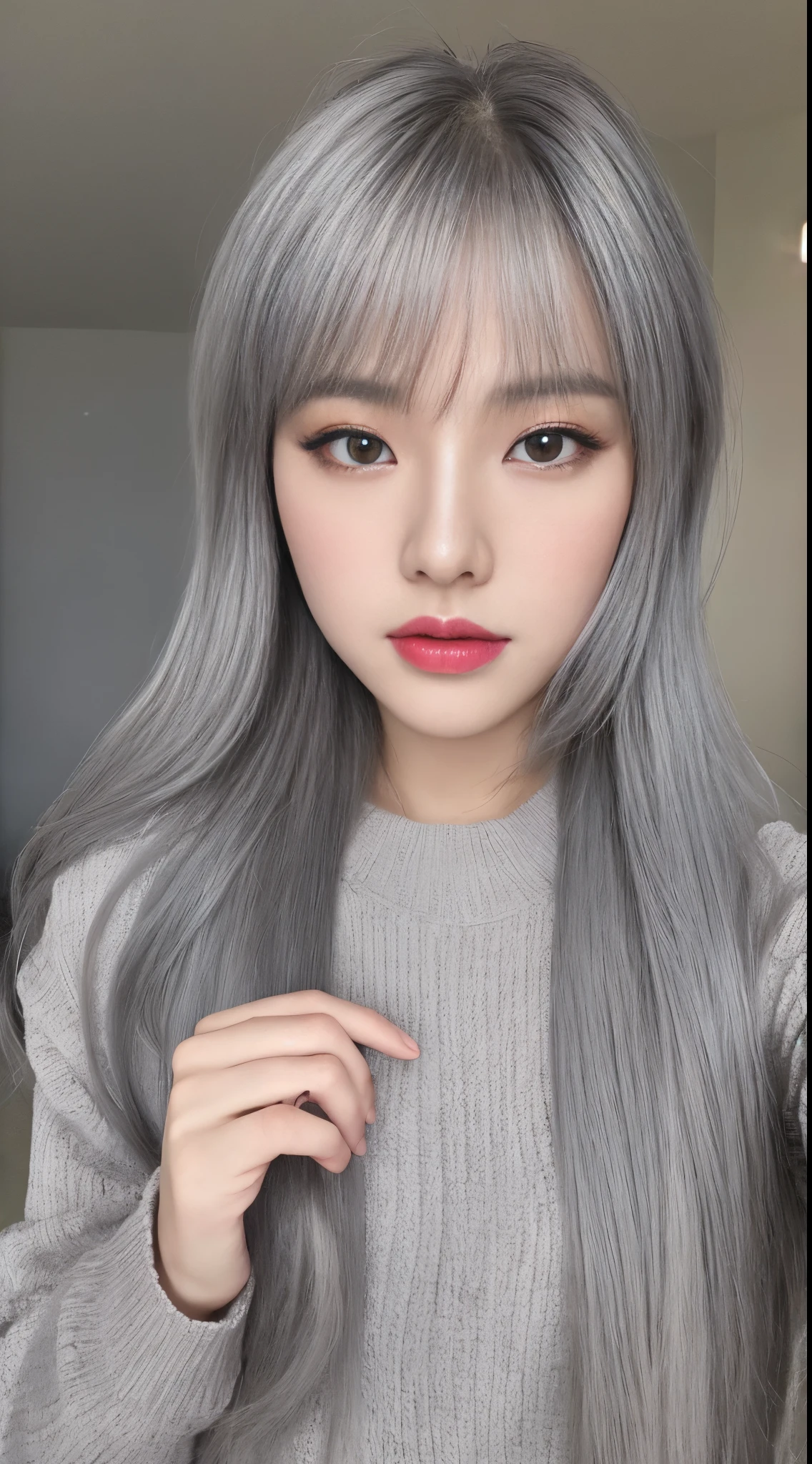 best qualtiy, tmasterpiece, 1girll, beauitful face, (photograph realistic:1.4), (highdetailskin:1.3), 8K UHD, digital SLR camera, high high quality, A high resolution, 4k, 8k, absurderes, Optimal ratio Four fingers and one finger, (realisticlying:1.4), beautiful korean lady, medium, Small lips, (ash gray hair), full-body view,