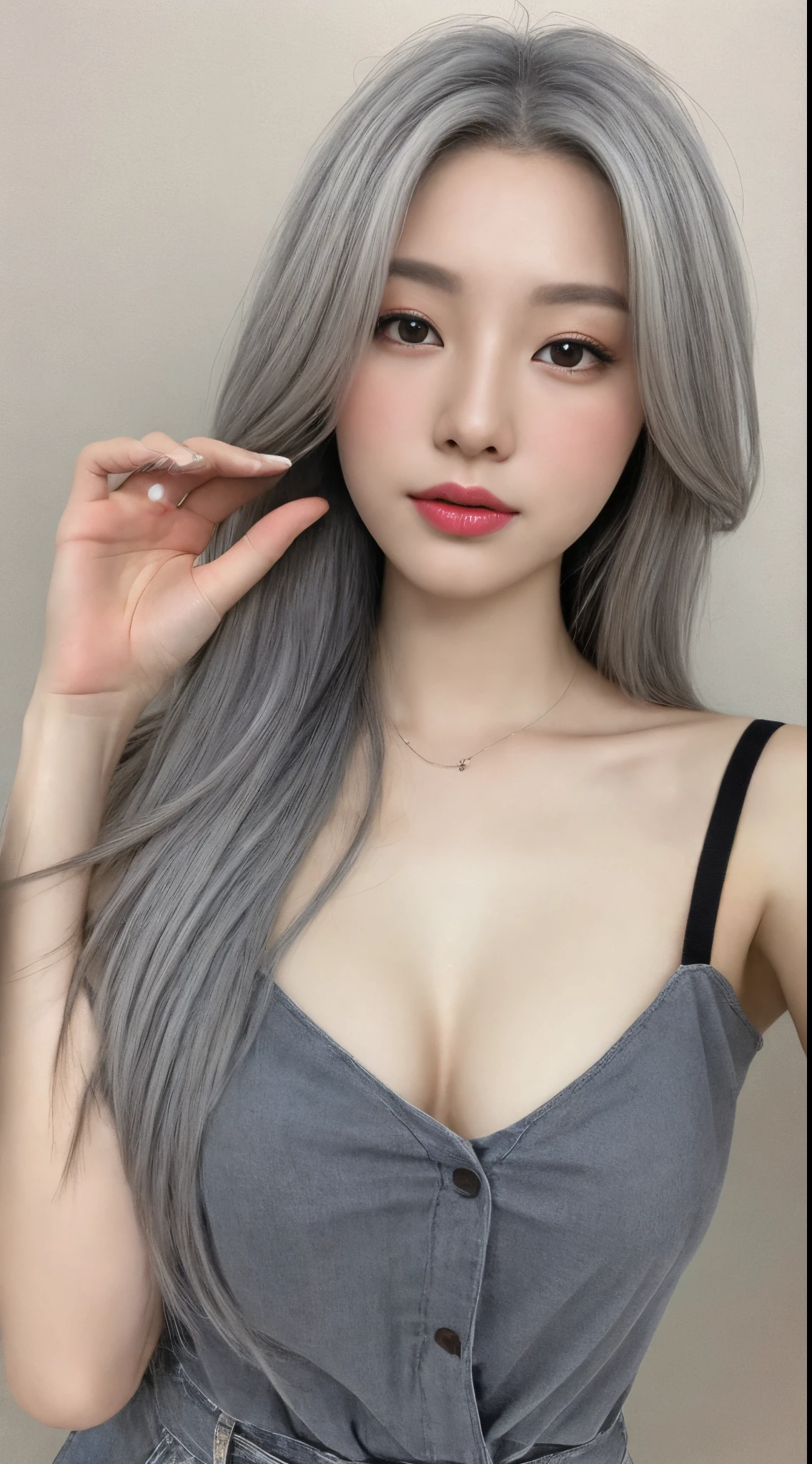 Best quality, tmasterpiece, 1个Giant Breast Girl, beauitful face, (Shoot real:1.4), (highdetailskin:1.3), 8k ultra high definition, digital SLR camera, high high quality, A high resolution, 4K, 8K, hoang lap, Best ratio of four fingers and one finger, (realistically:1.4), beautiful Korean lady, middling, Small lips, (Gray hair), full-body view,
