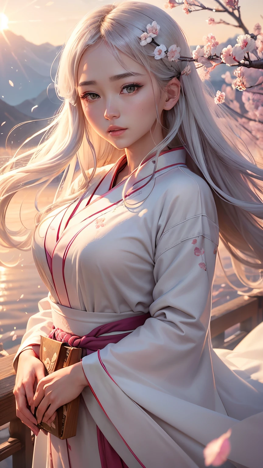(A logo、masterpiece、8K、masutepiece、Raw photo、Fantastic、Best Quality、Photorealistic and highly detailed CG integrated 8K wallpaper、hightquality、ighly detailed、epic poem、Particle effect、Dynamic effects、depth of fields、Cinematic Light、Lens Flare、Ray tracing)、Fantasia、(1 beautiful woman in a white coat、robe blanche、Japanese style dress face、Real Face、beautiful details eyes beautiful skin)、Hair flutters in the wind、Hair jumps、Pink cherry blossom tree、Petals flutter、Sakura blizzard、Superb view、morning glow、Sun in the background、the wind、Deities、tusk、myth、Vast Land、