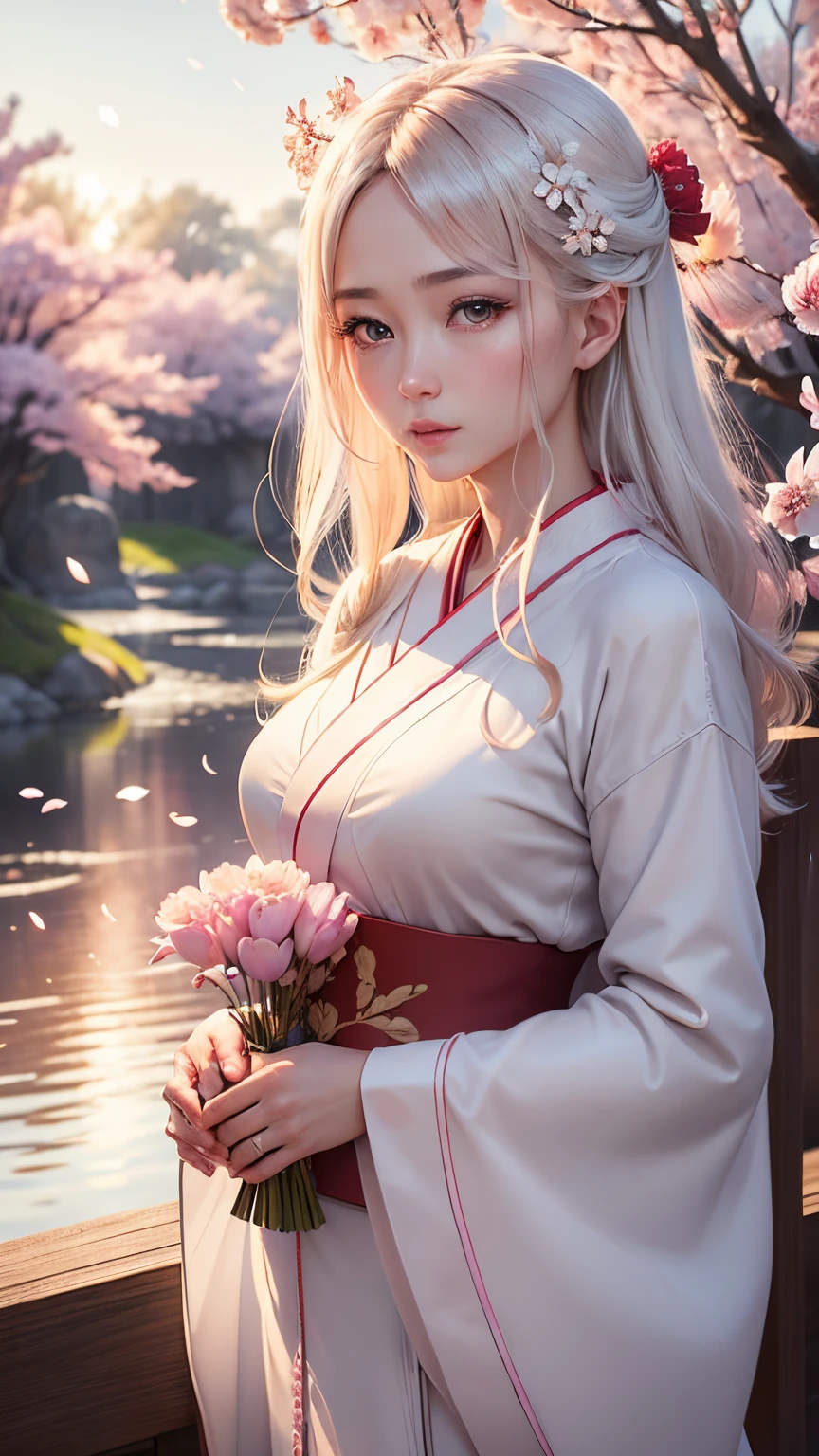 (A logo、masterpiece、8K、masutepiece、Raw photo、Fantastic、Best Quality、Photorealistic and highly detailed CG integrated 8K wallpaper、hightquality、ighly detailed、epic poem、Particle effect、Dynamic effects、depth of fields、Cinematic Light、Lens Flare、Ray tracing)、Fantasia、(1 beautiful woman in a white coat、robe blanche、Japanese style dress face、Real Face、beautiful details eyes beautiful skin)、Pink cherry blossom tree、Petals flutter、Sakura blizzard、Superb view、morning glow、Sun in the background、the wind、Deities、tusk、myth、Vast Land、