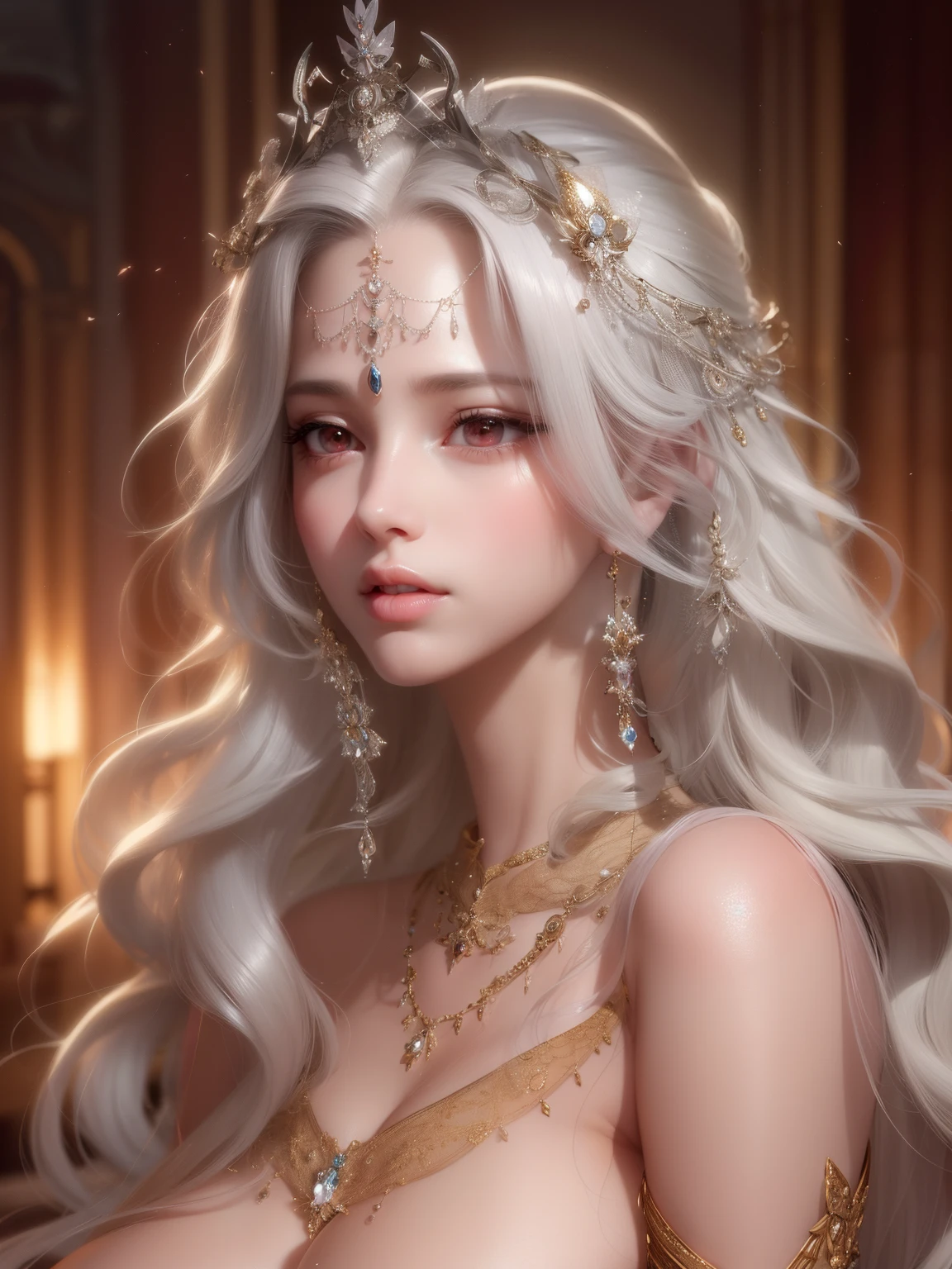 Ultra-realistic 8k CG, perfect face, flawless, clean, professional artwork, famous artwork, cinematic lighting, cinematic bloom, perfect face, beautiful face, beautiful face, beautiful eyes, ((perfect female body, narrow waist)), white hair, red eyes, beautiful queen, royal, divine, divine, goddess, divine, (royal palace), fantasy, dreamlike, unreal, science fiction, huge breasts, beautiful clothing, lace trim, leggings with lace trims, nsfw, breasts out, absurdly long hair, (rich: 1.4), prestige, luxury, jewelry, diamond, gold, pearl, gem, sapphire, ruby, emerald, intricate details, delicate print, sexy, charming, seductive, erotic, charming, charming, hair ornament, necklace, earrings, bracelet, bracelet, bracelet, bracelet,