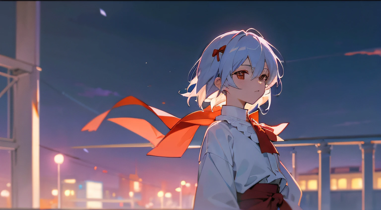 Chico anime, con cabello corto y blanco azulado con ,ojos naranja con una corbata corta y un camisa blanca, parado en un balcon frente a una ciudad con noche con luces azules y rosadas., Chico anime, Estilo anime 4K, Kaworu Nagisa, Estilo anime 2D, Anime Moe Artstyle, Retrato estilo anime, Hecho con Anime Painter Studio, Anime estilizado, Ayanami, Arte digital de estilo anime, anime artstyle, high quality anime artstyle, Anime estilizado,Christmas saying,estilo de nieve,RTX.