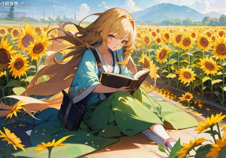 Anime girl sitting on the road reading a book in a flower field, epic light novel art cover, Anime visuals of cute girls, Beautiful sunflower anime girl, Official art, epic light novel cover art, Light Novel Cover Art, official anime artwork, Detailed key anime art, Anime Girl with Long Hair, artbook artwork, Beautiful anime girl, young anime girl