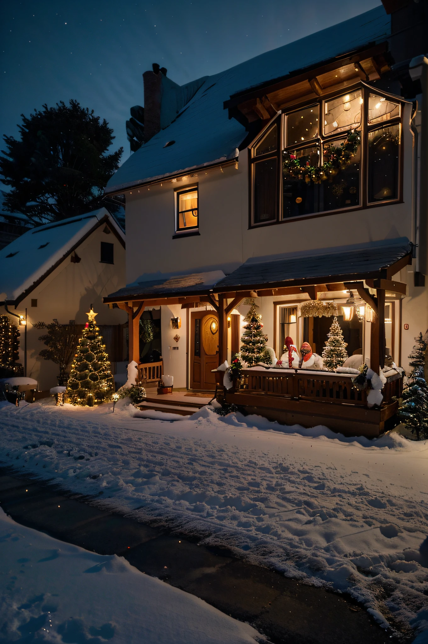 Christmas Eve with a happy family at home, visto de fora da casa, framed by a street lit up with Christmas decorations, aiming for a realistic and professionally high-quality appearance.
Ensure the family is positioned naturally and expressively within the home, talvez por uma janela iluminada.
Adicione detalhes de Natal dentro de casa, like a decorated Christmas tree, Presentes, e luzes aconchegantes.
Highlight architectural elements like decorative windows, Telhados, and other features that contribute to a charming aesthetic.
Perform careful post-production to improve image quality. ajustar cores, Contraste, and sharpness to ensure vibrant, sharp representation.