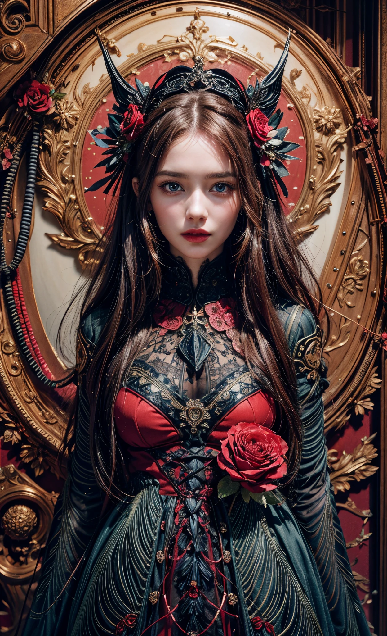 Close-up of a beautiful girl wearing a red dress and roses, Roses adorn the hair, epic fantasy, Brown hair, blue eyes, gothic fantasy, captured on canon eos r 6, (Realistic face details), intricate detailed, Portrait of a beautiful girl, very high details, Realistic photos, 8k, UHD, hyperdetailed, (Dynamic Poses:1.4),