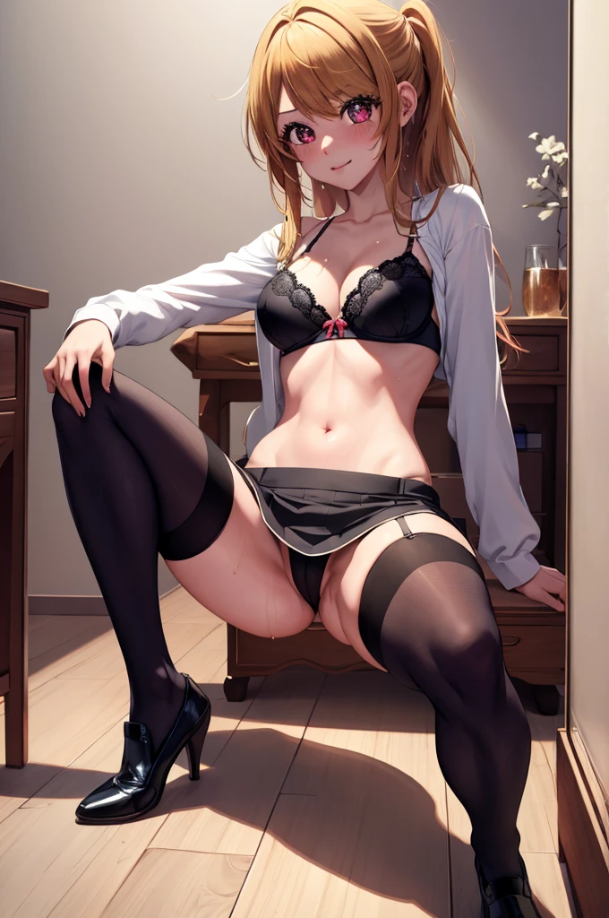 anime, beautiful face, highly detailed face, detailed perfect eyes, perfect hair, perfect lips, perfect legs. highly detailed background, perfect lighting, full body, 1girl, solo, ruby hoshino, ruby, oshi no ko, indoors, black heels, blonde hair, thighhighs, stockings, bedroom, absurdres, high res, ultrasharp, 8K, masterpiece, looking at viewer, (sexy pose:1.2), (full body:1.5), teasing, wearing bra, wearing underwear, in a miniskirt, stockings, wet, bending over fowards