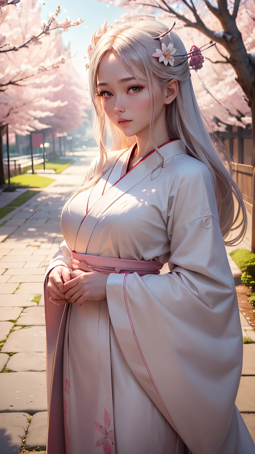 (A logo、masterpiece、8K、masutepiece、Raw photo、Fantastic、Best Quality、Photorealistic and highly detailed CG integrated 8K wallpaper、hightquality、ighly detailed、epic poem、Particle effect、Dynamic effects、depth of fields、Cinematic Light、Lens Flare、Ray tracing)、Fantasia、(1 beautiful woman in a white coat、robe blanche、Japanese style dress face、Real Face、beautiful details eyes beautiful skin)、Pink cherry blossom tree、Petals flutter、Sakura blizzard、Superb view、morning glow、Sun in the background、the wind、Deities、tusk、myth、Vast Land、