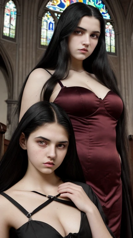 two sisters of different ages, one teenager, lesbians, detailed face,black hair, long hair, arrogant, sexy, mysterious, curvy, witches, vampire, catholic, in church