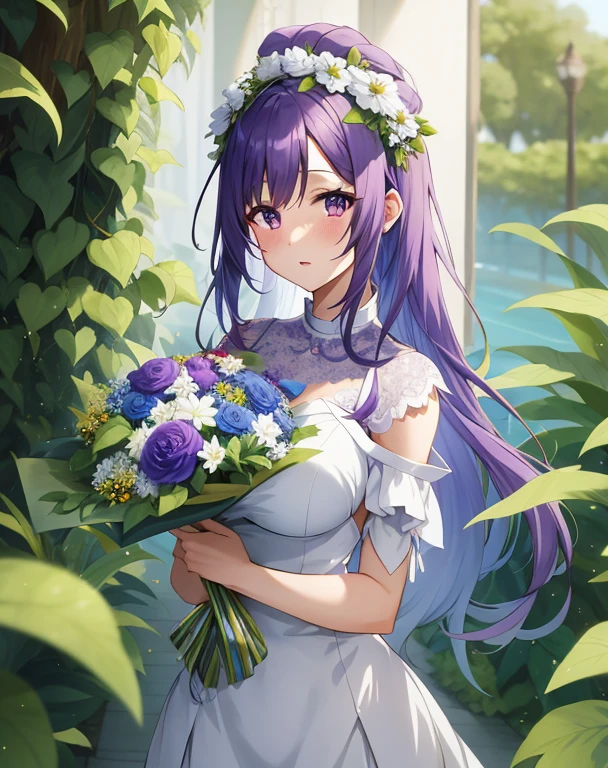 Anime girl in a white dress with purple hair and a bouquet of flowers, guweiz, artwork in the style of guweiz, anime moe art style, guweiz on pixiv artstation, guweiz on artstation pixiv, hestia, Beautiful Anime Portrait, Anime visuals of cute girls, marin kitagawa fanart, with flowers