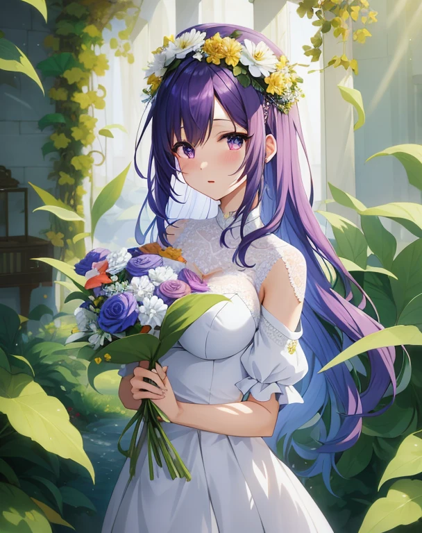 Anime girl in a white dress with purple hair and a bouquet of flowers, guweiz, artwork in the style of guweiz, anime moe art style, guweiz on pixiv artstation, guweiz on artstation pixiv, hestia, Beautiful Anime Portrait, Anime visuals of cute girls, marin kitagawa fanart, with flowers