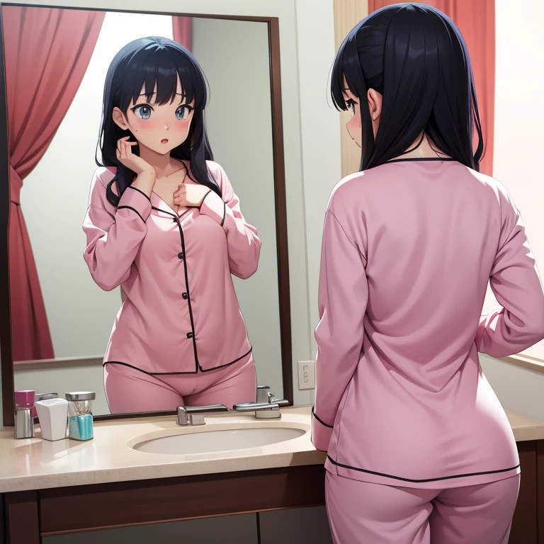 NSFW anime style image of a girl in very tight pajamas looking at herself with a surprised face in the mirror when she sees her reflection.