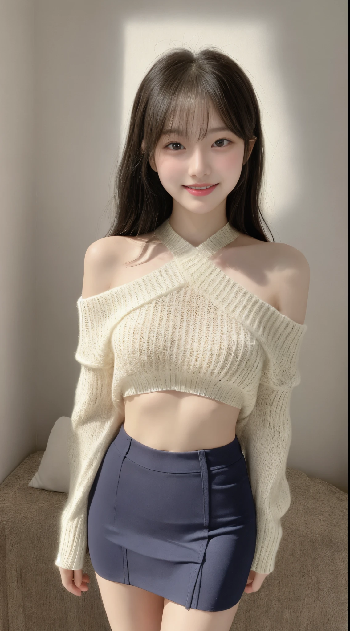 ((tmasterpiece, Best quality at best)), (1 Sister), 8K, realistically, HighDynamicRange, delicate skin, Symmetrical, Portrait of 18 year old girl on iceberg, soaked pubic hair, Eau, Tight sports bra, (One-shoulder sweater), Cropped sweater, short  skirt, Hefty Smile, Full body lesbian, wide wide shot,