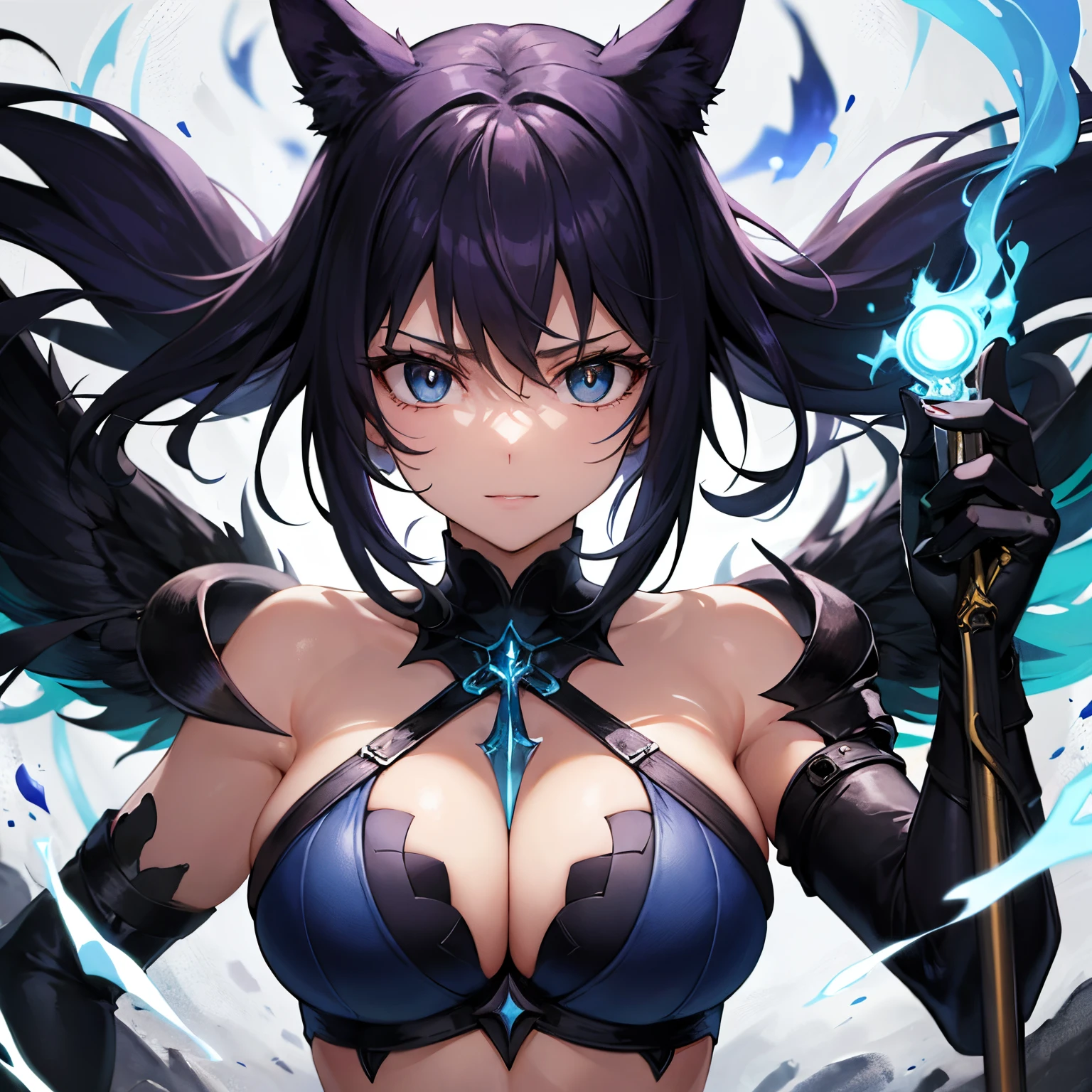 1 woman, (Milf)+, mother, mommy, short_hair, flowing hair, natural hair, dynamic, wearing bikini top, mage, beautiful eyes, edgy woman, dominant, Perfect face, Elegant, beauty majestic, milfication, (very large breasts), curvaceous but thin, cast epic spells, blue flame around her, Dark necromancer, Black blue, detailed, high details, old robes, ancient staff, dungeon, darkness, skull, ritual, fog, maelstrom, otherworldly, (best quality)+, 8k, close-up, portraits, face focused, Fate stay night, Nasuverse, FGO, official illustration, R-18, questionable sexy clothing, scantily clad, shaded face, flaming eyes, blanked eyes
